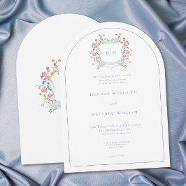 Convite Elegant Dusty Blue Pastel Wildflower Crest Wedding