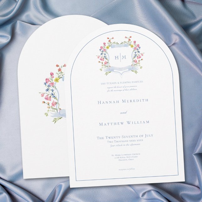 Convite Elegant Dusty Blue Pastel Wildflower Crest Wedding (Criador carregado)