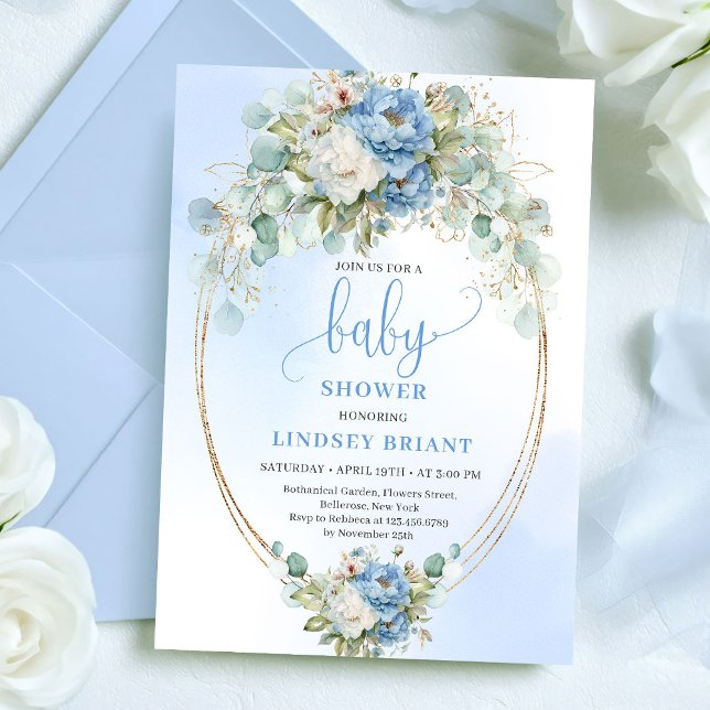 Convite Elegant Dusty Blue Peonies Baby Shower Gold Invite (Elegant Dusty Blue Peonies Baby Shower Gold Invite)