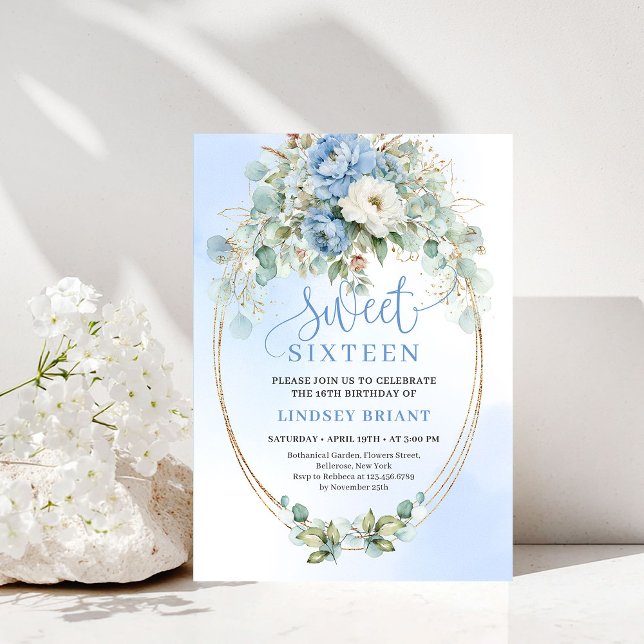 Convite Elegant Dusty Blue Peonies Sweet Sixteen Celebrati (Elegant Dusty Blue Peonies Sweet Sixteen Celebration)