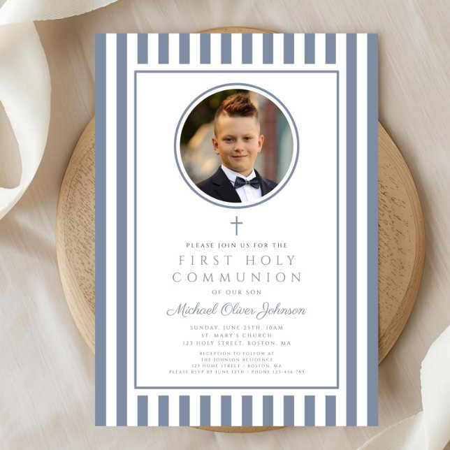 Convite Elegant Dusty Blue Photo Boy First Communion (Elegant Dusty Blue Photo Boy First Communion Invitation)