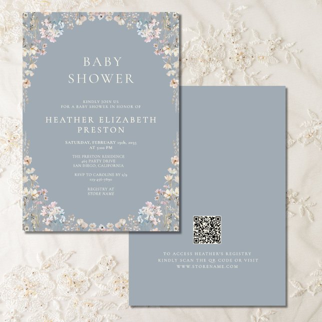 Convite Elegant Dusty Blue QR Code Wildflower Baby Shower  (Criador carregado)