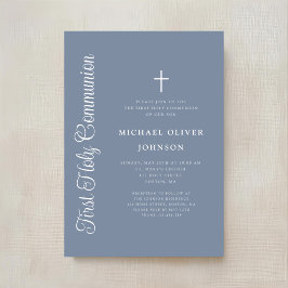 Convite Elegant Dusty Blue Script Boy First Communion