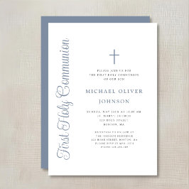 Convite Elegant Dusty Blue Script Boy First Communion