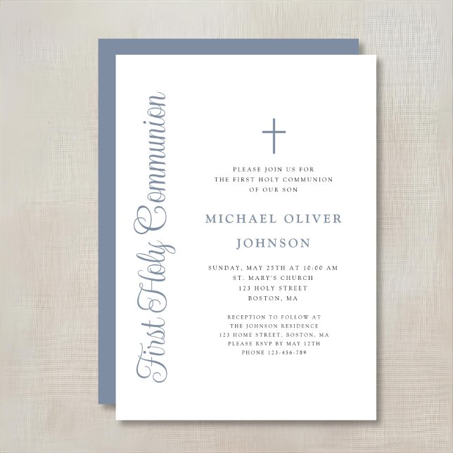 Convite Elegant Dusty Blue Script Boy First Communion (Criador carregado)