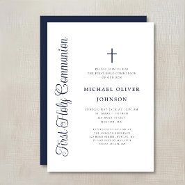Convite Elegant Dusty Blue Script Boy First Communion