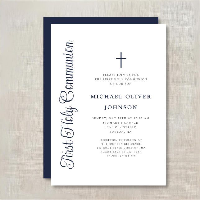 Convite Elegant Dusty Blue Script Boy First Communion (Criador carregado)