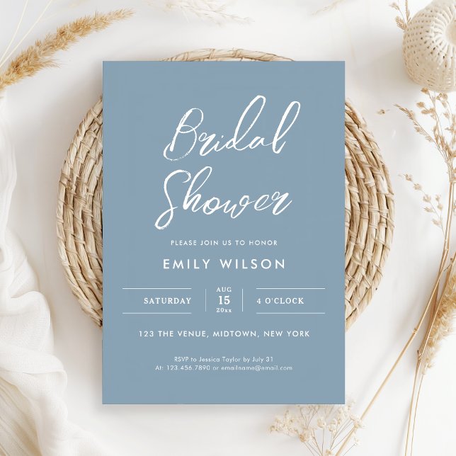 Convite Elegant Dusty Blue Script Typography Bridal Shower (Elegant white calligraphy on a dusty blue background for a simple, minimal style)