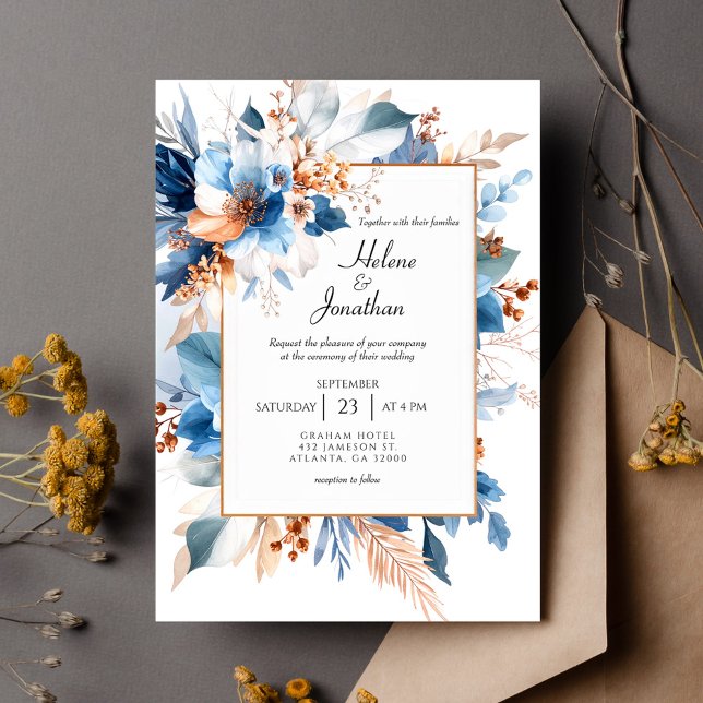 Convite Elegant Dusty Blue Silver Terracotta Boho Wedding (Elegant Dusty Blue Silver Terracotta Boho Wedding Invitation)
