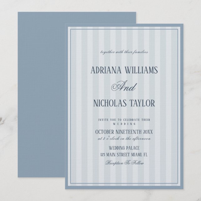 Convite Elegant Dusty Blue Striped Wedding (Frente/Verso)