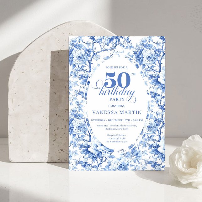 Convite Elegant Dusty Blue Toile de Jouy 50th Birthday  (Elegant Dusty Blue Toile de Jouy 50th Birthday Invite)