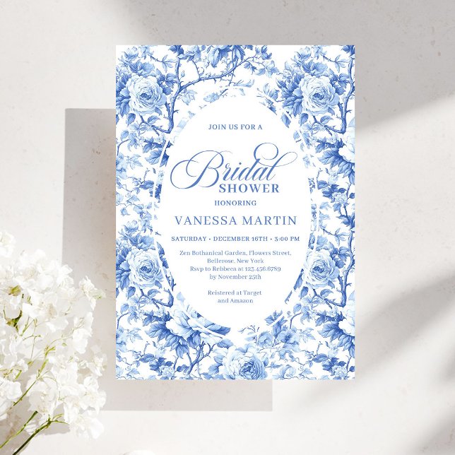Convite Elegant Dusty Blue Toile de Jouy Bridal Shower  (Elegant Dusty Blue Toile de Jouy Bridal Shower Invite)