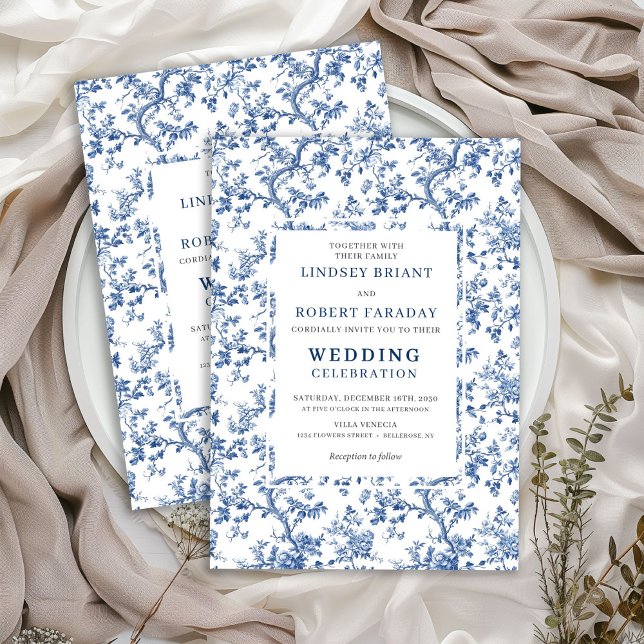 Convite Elegant Dusty Blue Toile Floral Wedding Invitation (Elegant Dusty Blue Toile Floral Wedding Invitation)