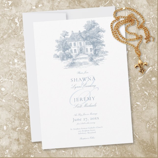 Convite Elegant Dusty Blue Toile French Manor Wedding (Elegant Dusty Blue Toile French Manor Wedding Invitation)