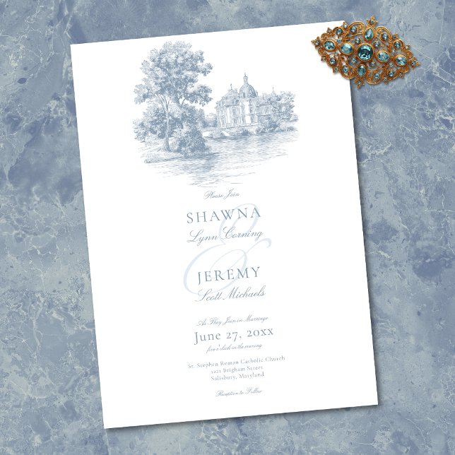 Convite Elegant Dusty Blue Toile French Manor Wedding (Elegant Dusty Blue Toile French Manor Wedding Invitation)