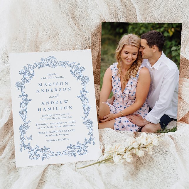 Convite Elegant Dusty Blue Victorian Floral Photo Wedding (Criador carregado)