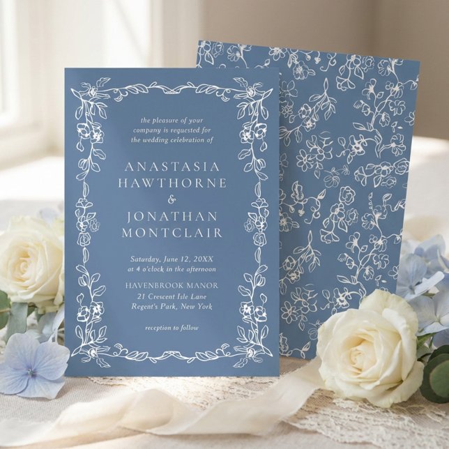 Convite Elegant Dusty Blue Vintage Floral Wedding (Criador carregado)