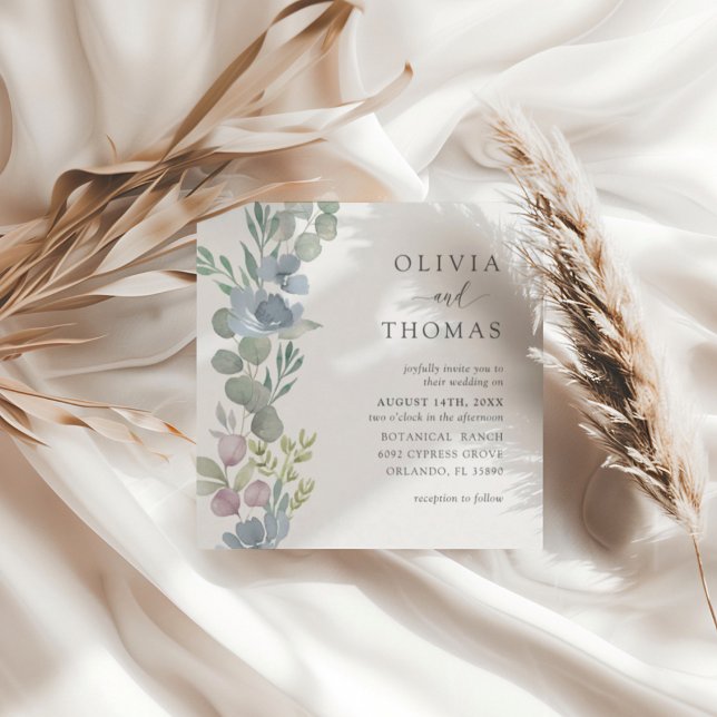 Convite Elegant Dusty Blue Watercolor Floral Wedding (Criador carregado)