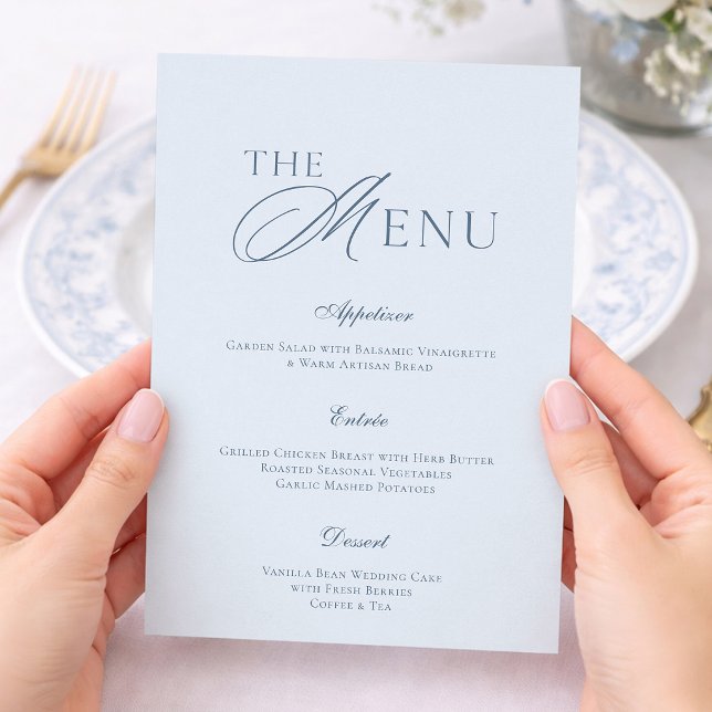 Convite Elegant Dusty Blue Wedding Menu Card (Criador carregado)