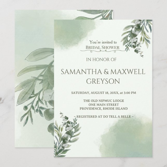 Convite Elegant Dusty Green Script Classic Bridal Shower  (Frente/Verso)