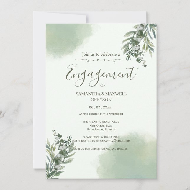 Convite Elegant Dusty Green Script engagement Invitation (Frente)