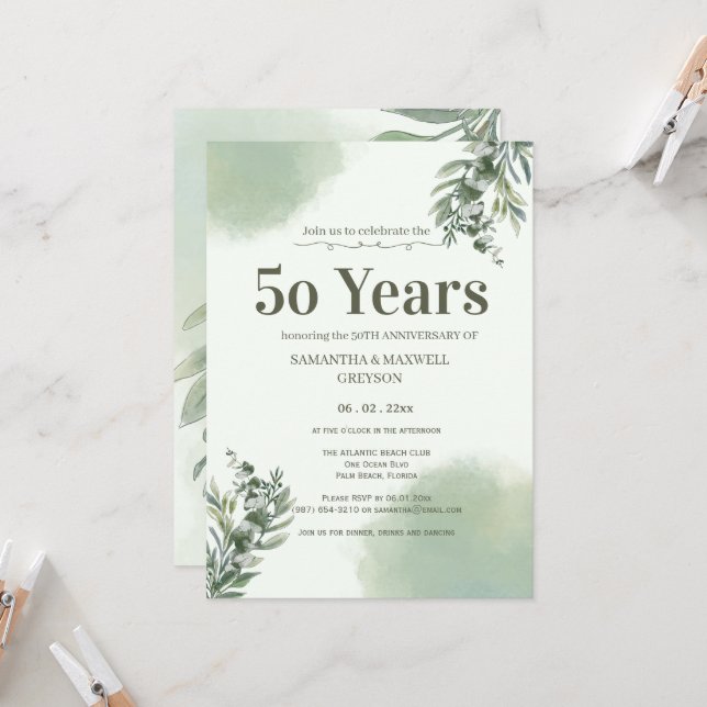 Convite Elegant Dusty Green Script Wedding Anniversary  (Frente/Verso In Situ)