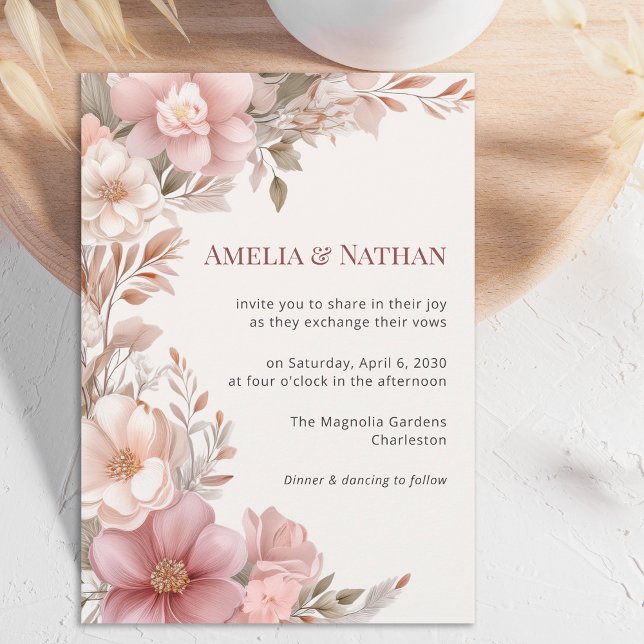 Convite Elegant Dusty Pink Cream Magnolia Floral Wedding (Criador carregado)