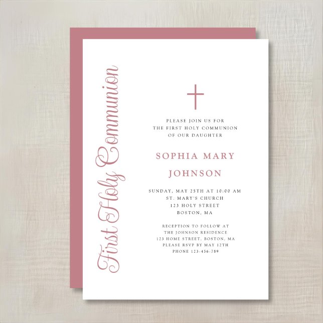 Convite Elegant Dusty Pink Script Girl First Communion (Criador carregado)