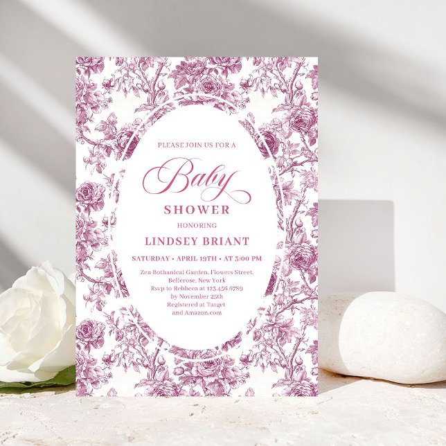 Convite Elegant Dusty Pink Toile Roses Baby Shower Invitе (Elegant Dusty Pink Toile Roses Baby Shower Invitation)