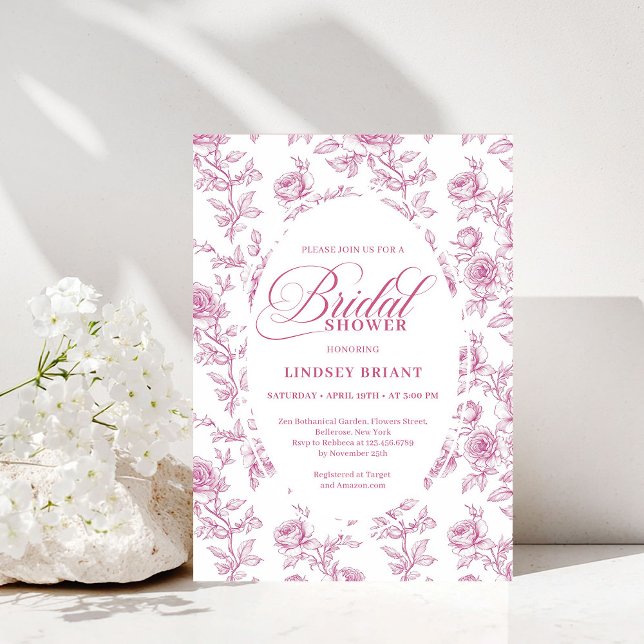 Convite Elegant Dusty Pink Toile Roses Bridal Shower (Elegant Dusty Pink Toile Roses Bridal Shower Invitation)