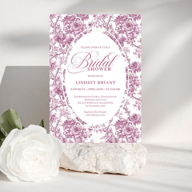 Convite Elegant Dusty Pink Toile Roses Bridal Shower Invit (Elegant Dusty Pink Toile Roses Bridal Shower Invite)