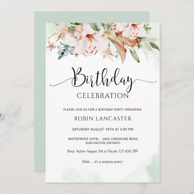 Convite  Elegant Dusty Rose and Green Floral Birthday (Frente/Verso)