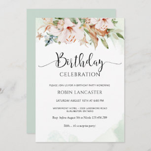 Convite  Elegant Dusty Rose and Green Floral Birthday