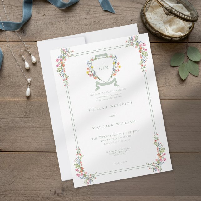 Convite Elegant Dusty Sage Pastel Wildflower Crest Wedding (Criador carregado)