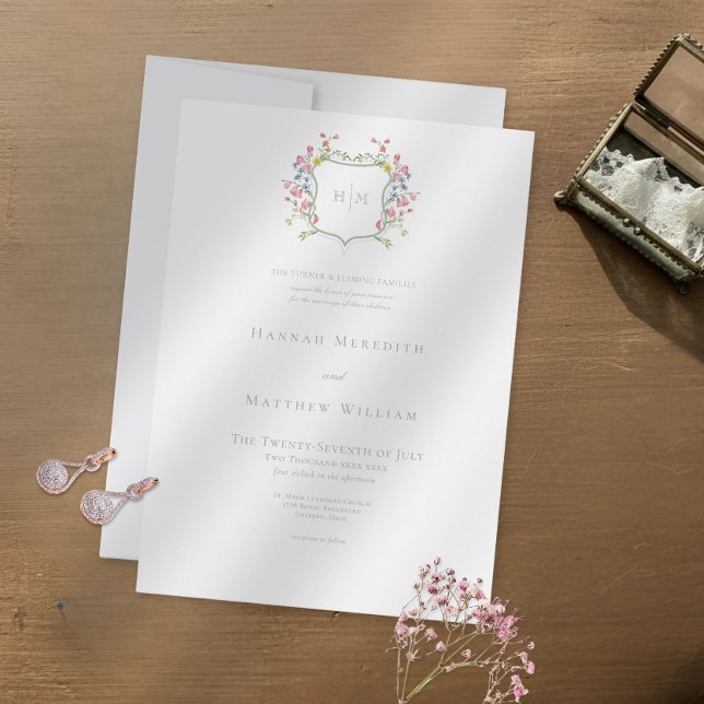 Convite Elegant Dusty Sage Pastel Wildflower Crest Wedding (Criador carregado)