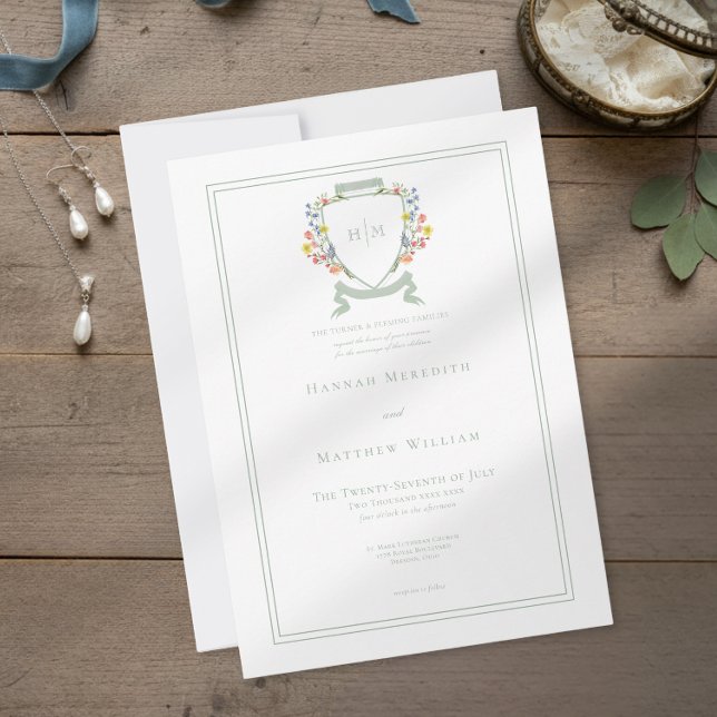 Convite Elegant Dusty Sage Pastel Wildflower Crest Wedding (Criador carregado)