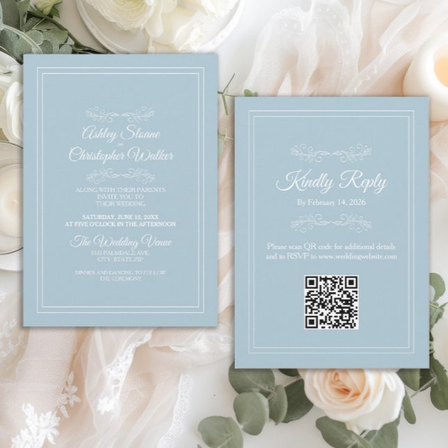 Convite Elegant Dusty Sky Blue White QR code Wedding (Elegant dusty blue QR code wedding invitation)
