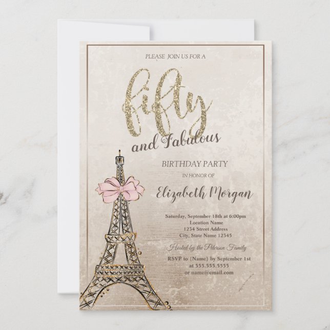 Convite Elegant Eiffel Tower Bow 50th Birthday (Frente)