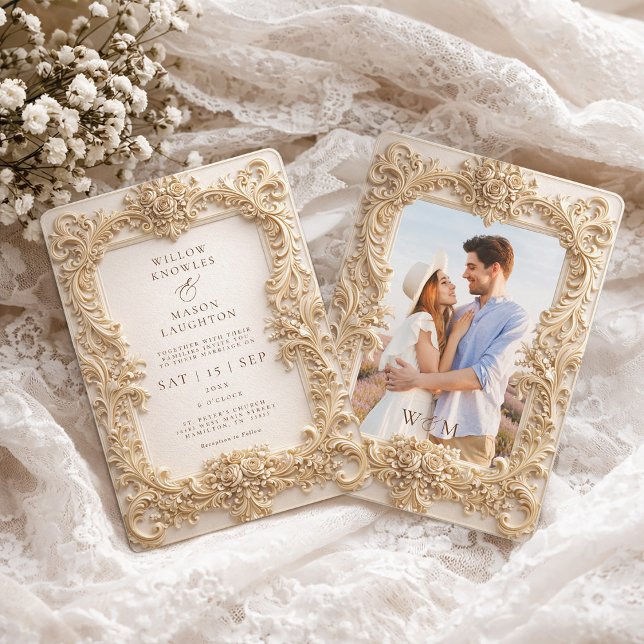 Convite Elegant Embossed Style Frame Baroque Wedding (Elegant Baroque Gold Photo Frame Wedding Invitation)