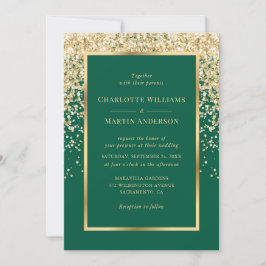 Convite Elegant Emerald and Gold Confetti Wedding