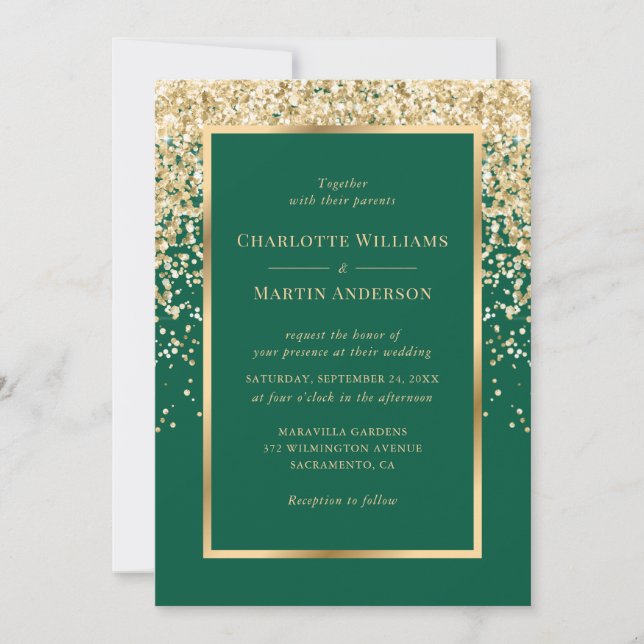 Convite Elegant Emerald and Gold Confetti Wedding (Frente)