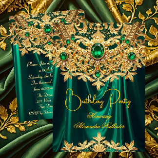 Convite Elegant Emerald gems Gold Lace Damask Birthday
