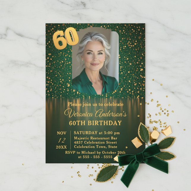 Convite Elegant Emerald Gold Glitter 60th Birthday Party (Criador carregado)