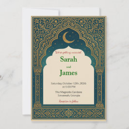 Convite Elegant Emerald & Gold Ornate Arch Wedding Invitat