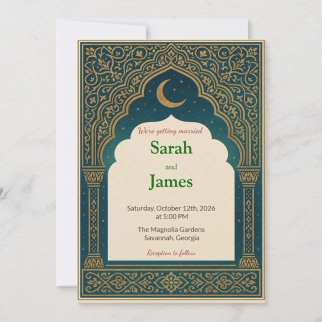 Convite Elegant Emerald & Gold Ornate Arch Wedding Invitat (Frente)