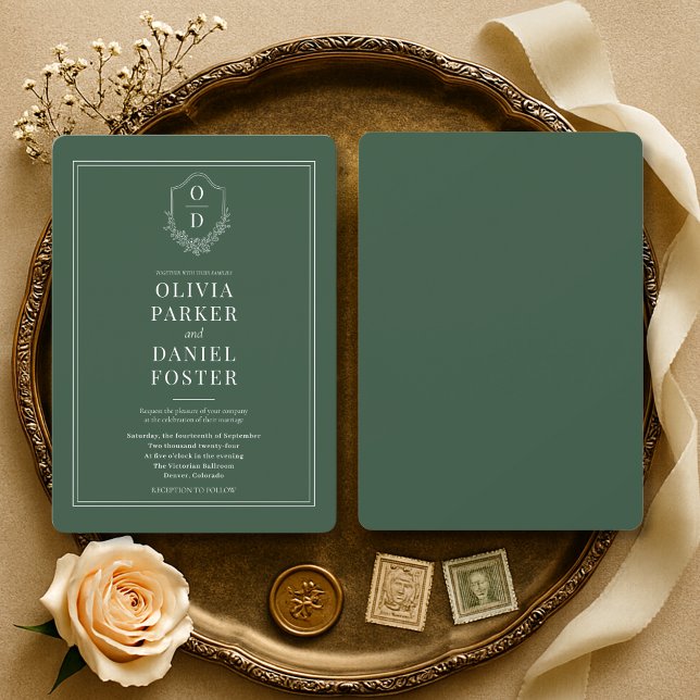 Convite Elegant Emerald Green Crest Wedding (Criador carregado)