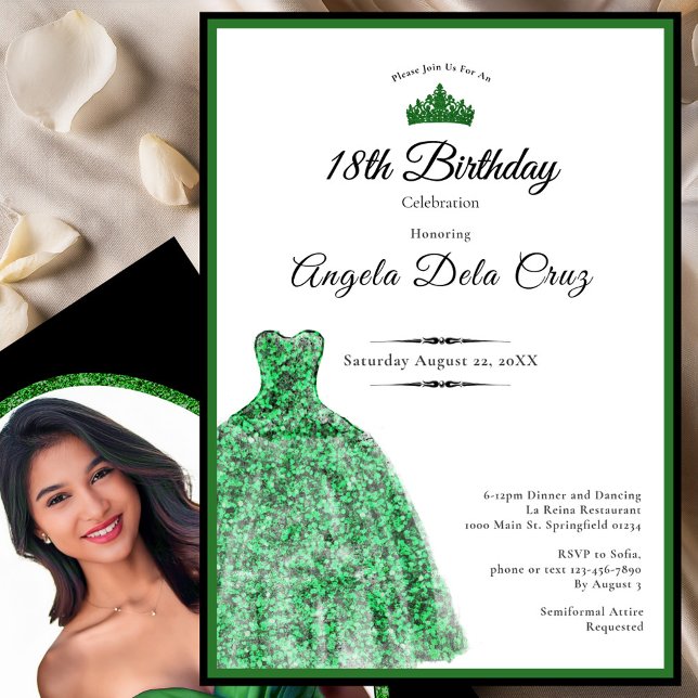 Convite Elegant emerald green dress 18th birthday debut (Criador carregado)