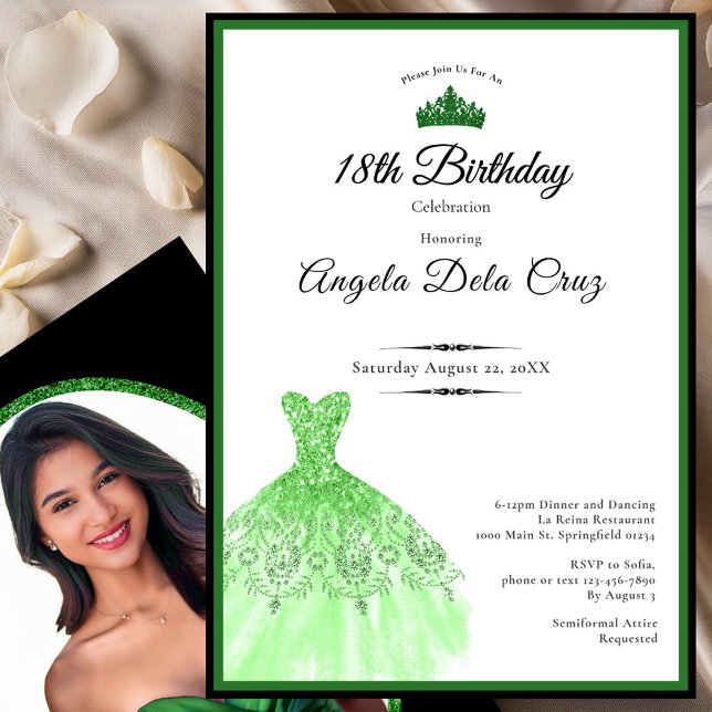 Convite Elegant emerald green dress 18th birthday debut (Criador carregado)