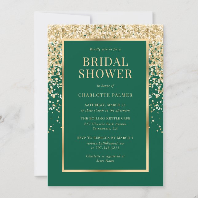 Convite Elegant Emerald Green Gold Confetti Bridal Shower (Frente)