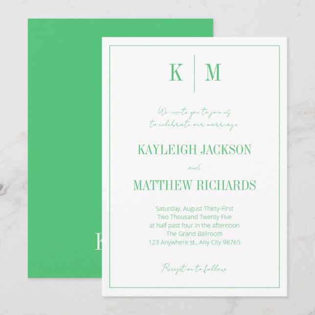 Convite Elegant Emerald Green Monogram Wedding  (Frente/Verso)
